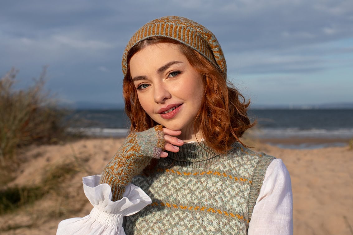 Cassiopiea Vest and Hirta Hat Set patterncard kit designs by Alice Starmore in Hebridean 2 Ply yarn