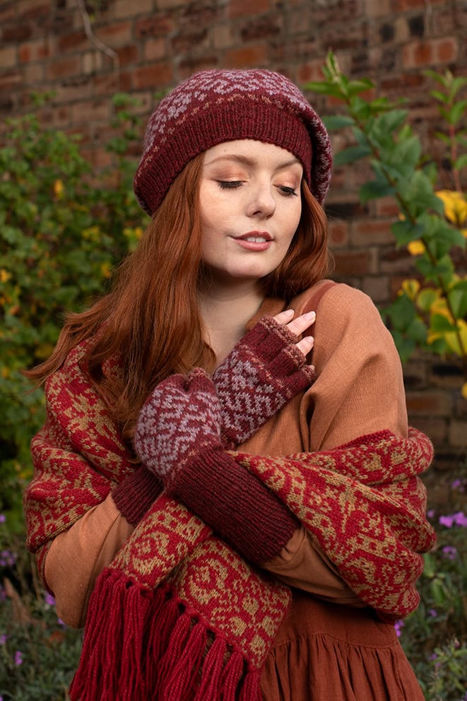 Casseopia Hat Set patterncard kit design by Alice Starmore and Persian Tiles wrap by Jade Starmore in Hebridean 2 Ply yarn