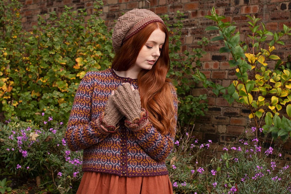 The Loch Lomond Cardigan and Ruabhal Hat Set patterncard kit designs by Alice Starmore in Hebridean 2 Ply