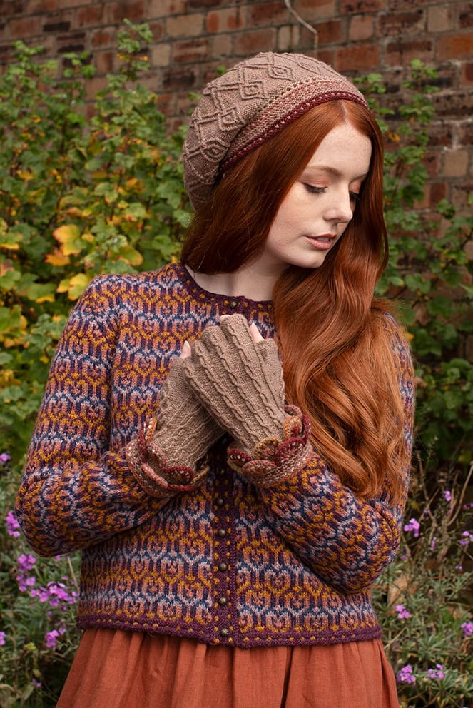 The Loch Lomond Cardigan and Ruabhal Hat Set patterncard kit designs by Alice Starmore in Hebridean 2 Ply