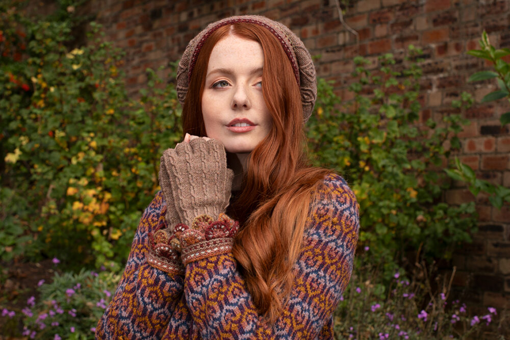 The Loch Lomond Cardigan and Ruabhal Hat Set patterncard kit designs by Alice Starmore in Hebridean 2 Ply