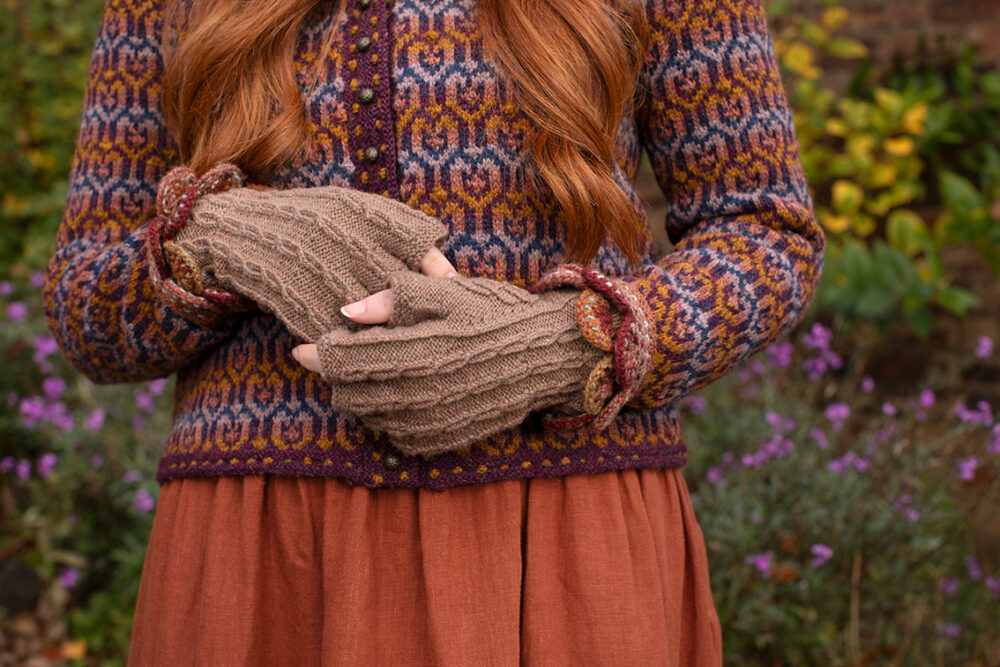 The Loch Lomond Cardigan and Ruabhal Hat Set patterncard kit designs by Alice Starmore in Hebridean 2 Ply