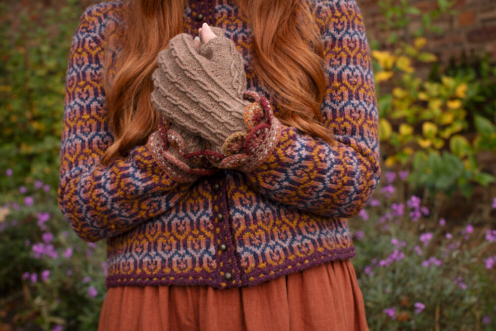 The Loch Lomond Cardigan and Ruabhal Hat Set patterncard kit designs by Alice Starmore in Hebridean 2 Ply