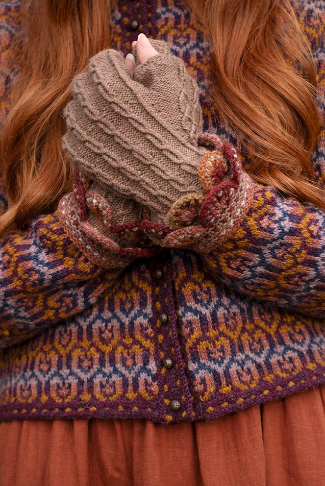 The Loch Lomond Cardigan and Ruabhal Hat Set patterncard kit designs by Alice Starmore in Hebridean 2 Ply