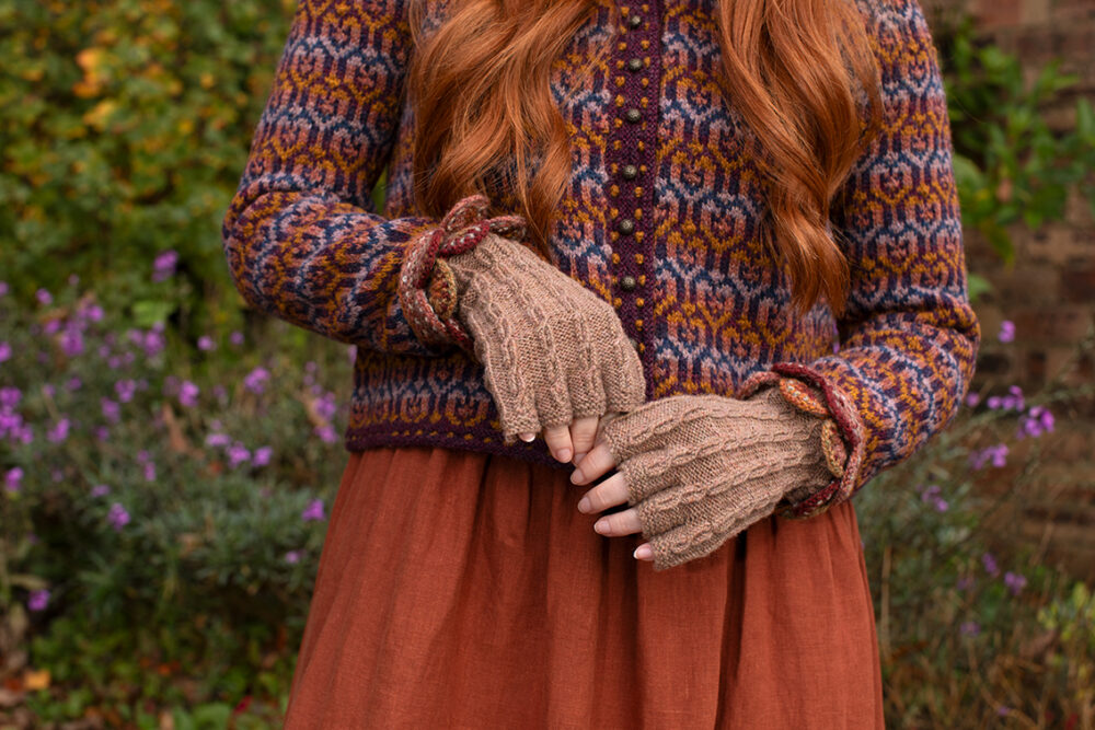 The Loch Lomond Cardigan and Ruabhal Hat Set patterncard kit designs by Alice Starmore in Hebridean 2 Ply