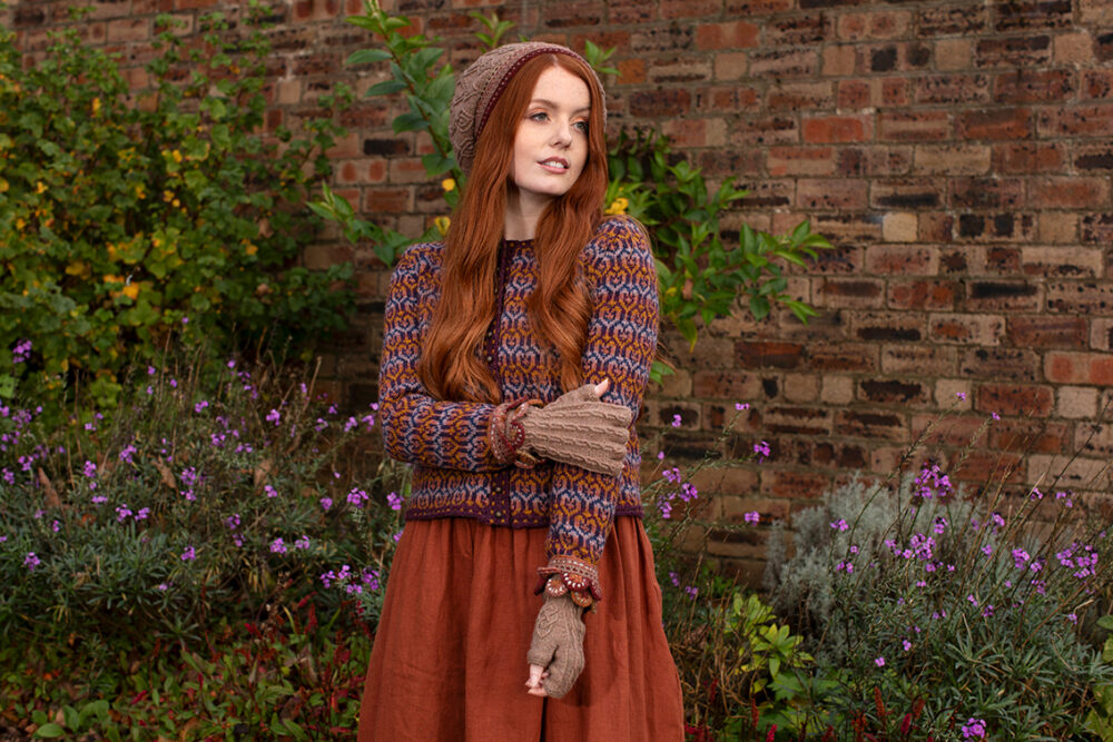 The Loch Lomond Cardigan and Ruabhal Hat Set patterncard kit designs by Alice Starmore in Hebridean 2 Ply