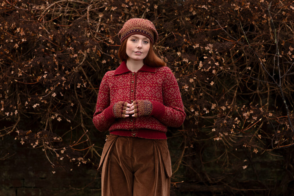 The Cassiopeia Cardgian and Briodag Hat Set patterncard kit designs by Alice Starmore in Hebridean 2 Ply