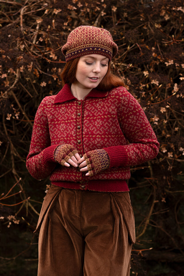 The Cassiopeia Cardgian and Briodag Hat Set patterncard kit designs by Alice Starmore in Hebridean 2 Ply