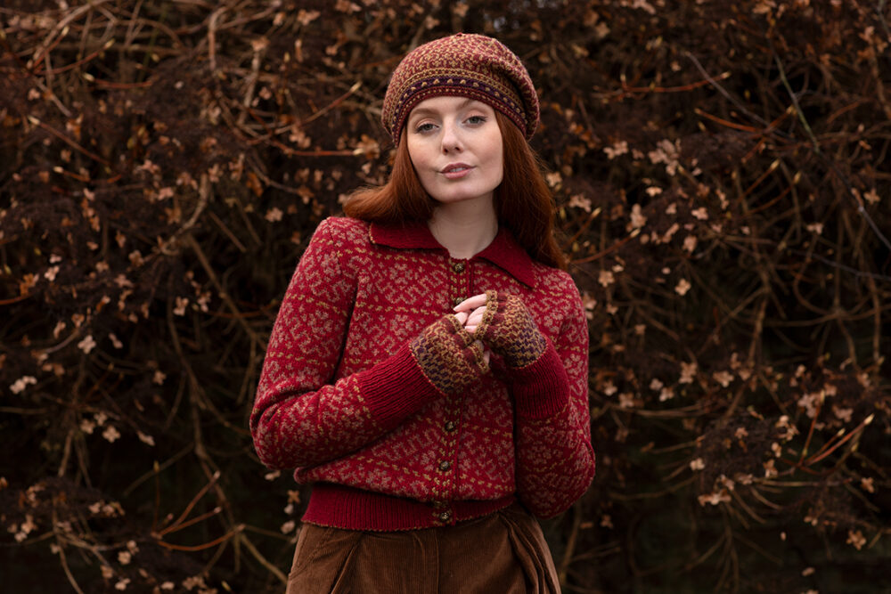 The Cassiopeia Cardgian and Briodag Hat Set patterncard kit designs by Alice Starmore in Hebridean 2 Ply