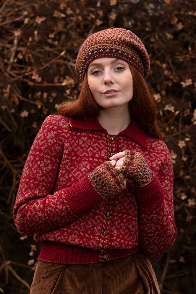 The Cassiopeia Cardgian and Briodag Hat Set patterncard kit designs by Alice Starmore in Hebridean 2 Ply