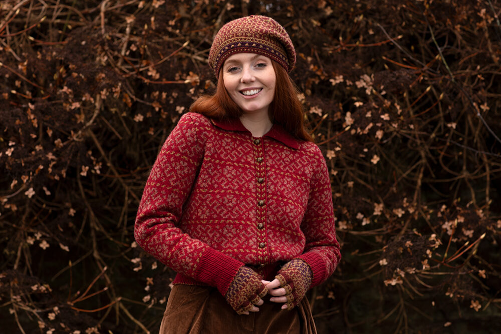 The Cassiopeia Cardgian and Briodag Hat Set patterncard kit designs by Alice Starmore in Hebridean 2 Ply