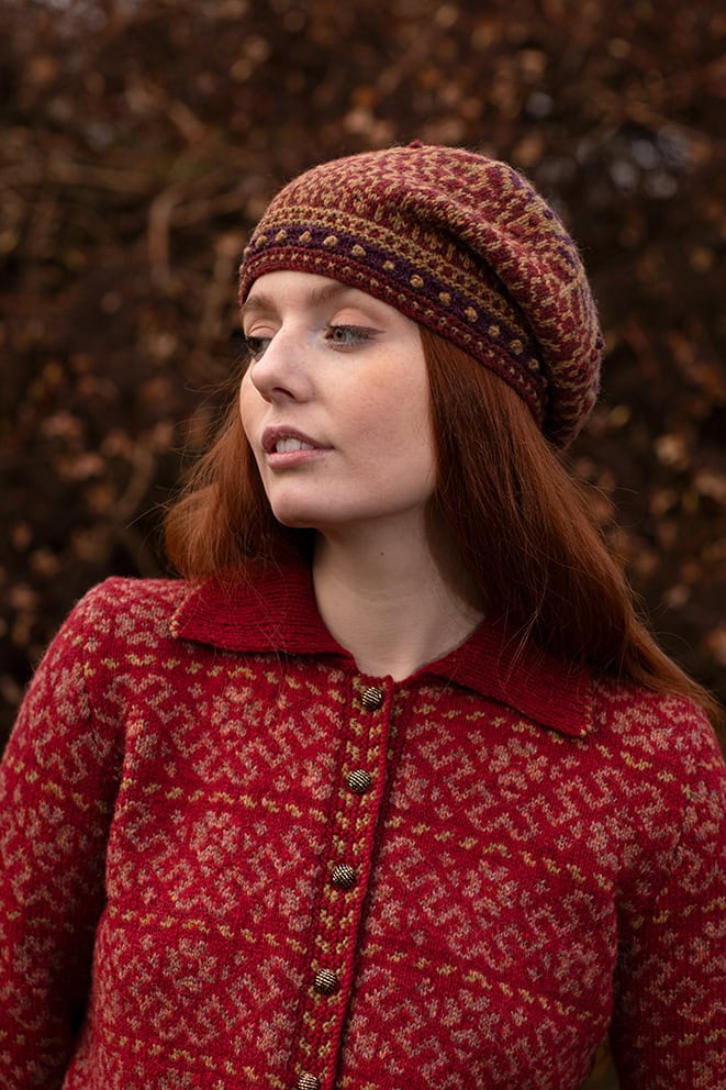 The Cassiopeia Cardgian and Briodag Hat Set patterncard kit designs by Alice Starmore in Hebridean 2 Ply