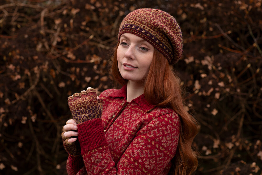 The Cassiopeia Cardgian and Briodag Hat Set patterncard kit designs by Alice Starmore in Hebridean 2 Ply