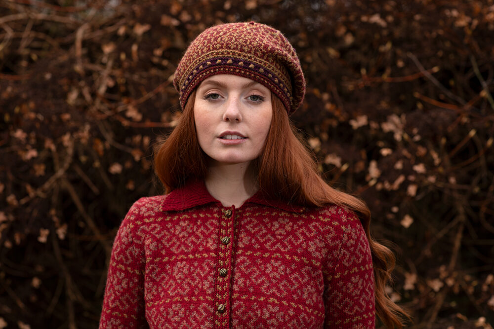 The Cassiopeia Cardgian and Briodag Hat Set patterncard kit designs by Alice Starmore in Hebridean 2 Ply