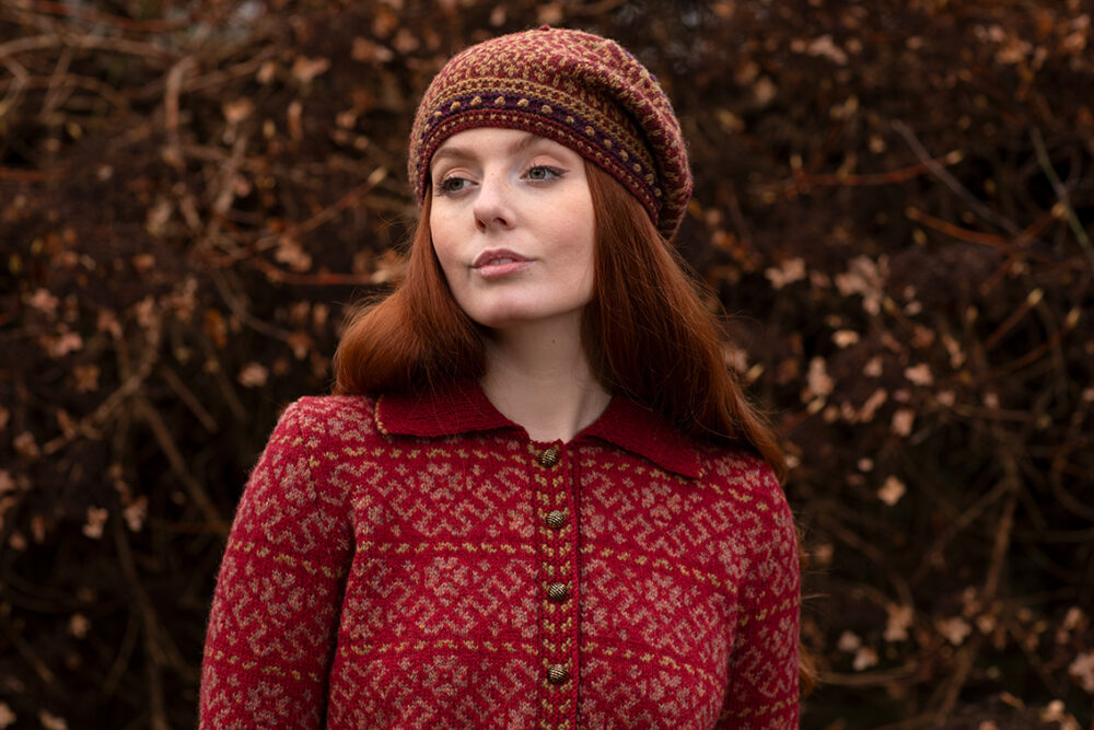 The Cassiopeia Cardgian and Briodag Hat Set patterncard kit designs by Alice Starmore in Hebridean 2 Ply