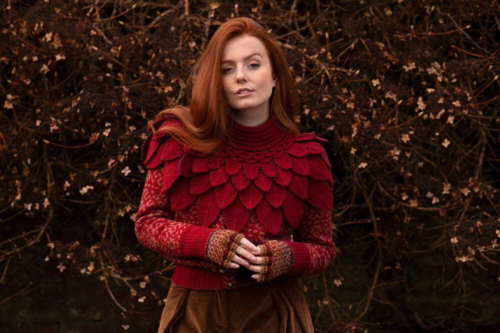 The Cassiopeia Cardgian and Briodag gloves and Eagle Collar patterncard kit designs by Alice Starmore in Hebridean 2 Ply