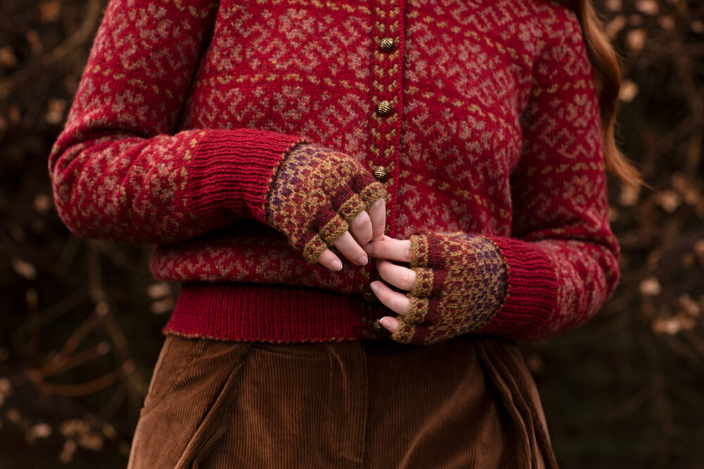 The Cassiopeia Cardgian and Briodag Hat Set patterncard kit designs by Alice Starmore in Hebridean 2 Ply