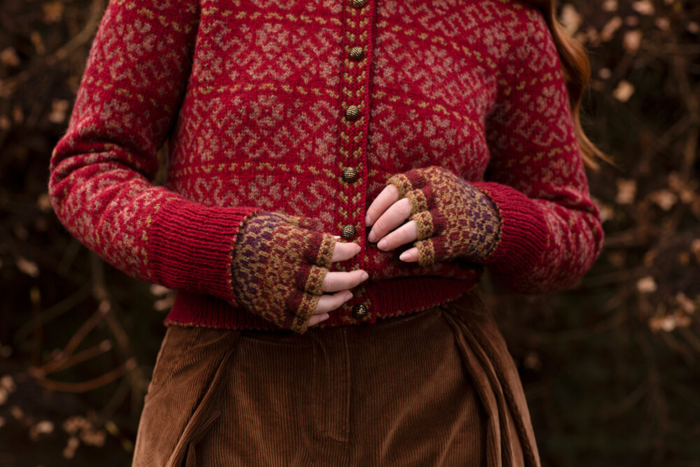 The Cassiopeia Cardgian and Briodag Hat Set patterncard kit designs by Alice Starmore in Hebridean 2 Ply