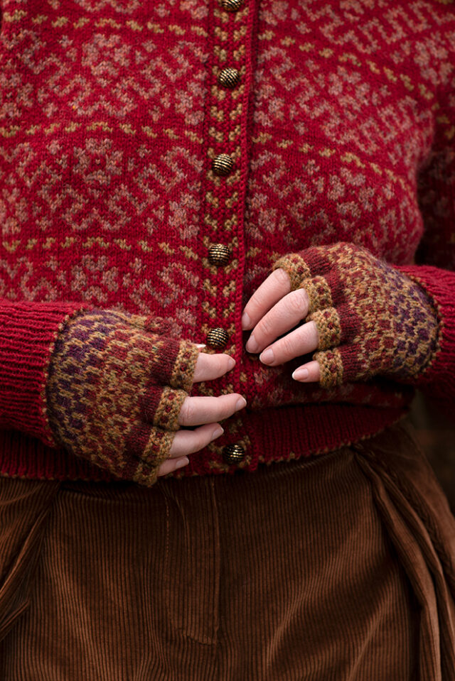 The Cassiopeia Cardgian and Briodag Hat Set patterncard kit designs by Alice Starmore in Hebridean 2 Ply