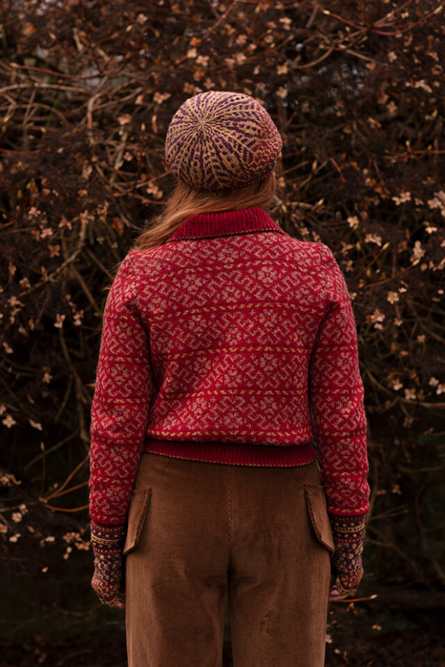 The Cassiopeia Cardgian and Briodag Hat Set patterncard kit designs by Alice Starmore in Hebridean 2 Ply