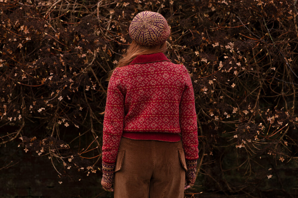 The Cassiopeia Cardgian and Briodag Hat Set patterncard kit designs by Alice Starmore in Hebridean 2 Ply