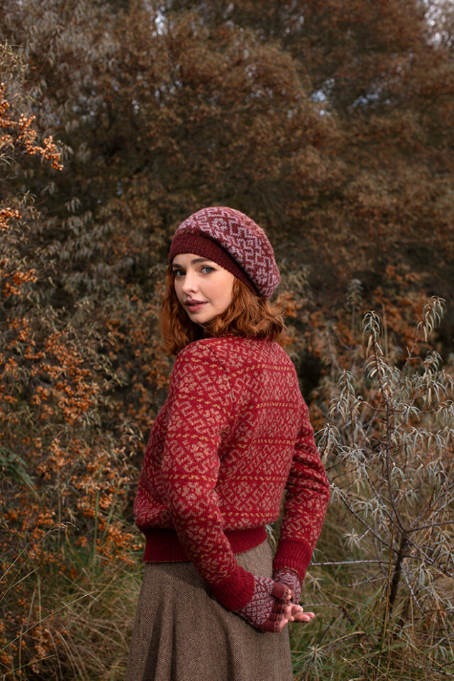 The Cassiopeia Cardgian and Hat Set patterncard kit designs by Alice Starmore in Hebridean 2 Ply