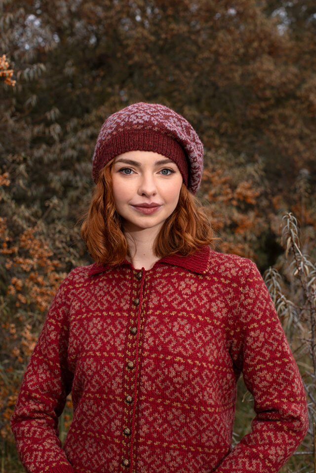 The Cassiopeia Cardgian and Hat Set patterncard kit designs by Alice Starmore in Hebridean 2 Ply