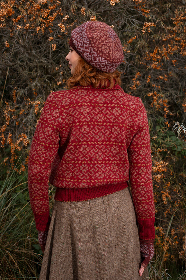 The Cassiopeia Cardgian and Hat Set patterncard kit designs by Alice Starmore in Hebridean 2 Ply