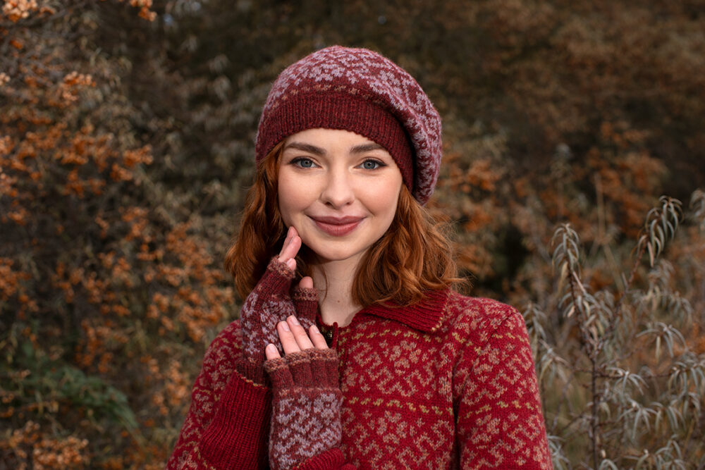 The Cassiopeia Cardgian and Hat Set patterncard kit designs by Alice Starmore in Hebridean 2 Ply