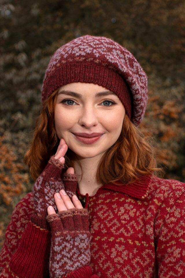 The Cassiopeia Cardgian and Hat Set patterncard kit designs by Alice Starmore in Hebridean 2 Ply