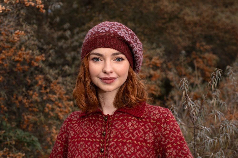 The Cassiopeia Cardgian and Hat Set patterncard kit designs by Alice Starmore in Hebridean 2 Ply