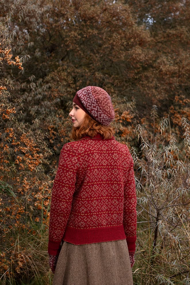 The Cassiopeia Cardgian and Hat Set patterncard kit designs by Alice Starmore in Hebridean 2 Ply