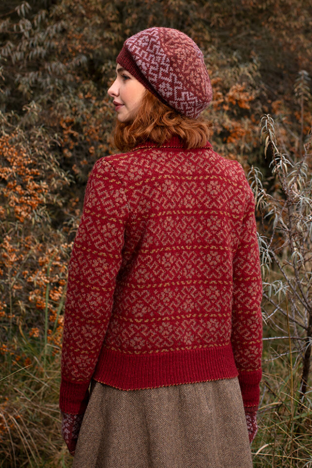 The Cassiopeia Cardgian and Hat Set patterncard kit designs by Alice Starmore in Hebridean 2 Ply