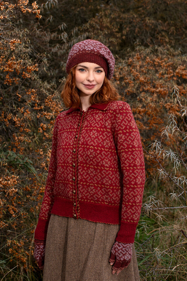 The Cassiopeia Cardgian and Hat Set patterncard kit designs by Alice Starmore in Hebridean 2 Ply