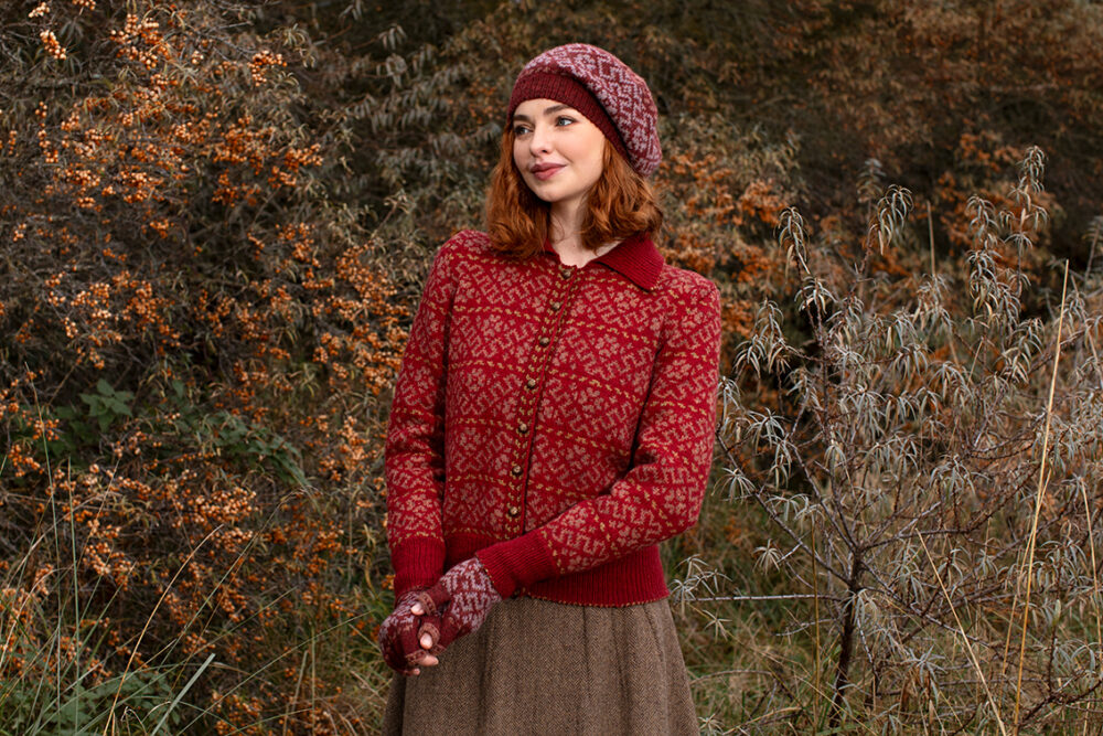 The Cassiopeia Cardgian and Hat Set patterncard kit designs by Alice Starmore in Hebridean 2 Ply