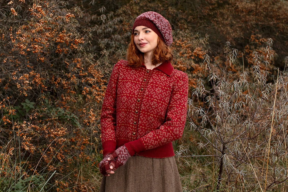 The Cassiopeia Cardgian and Hat Set patterncard kit designs by Alice Starmore in Hebridean 2 Ply