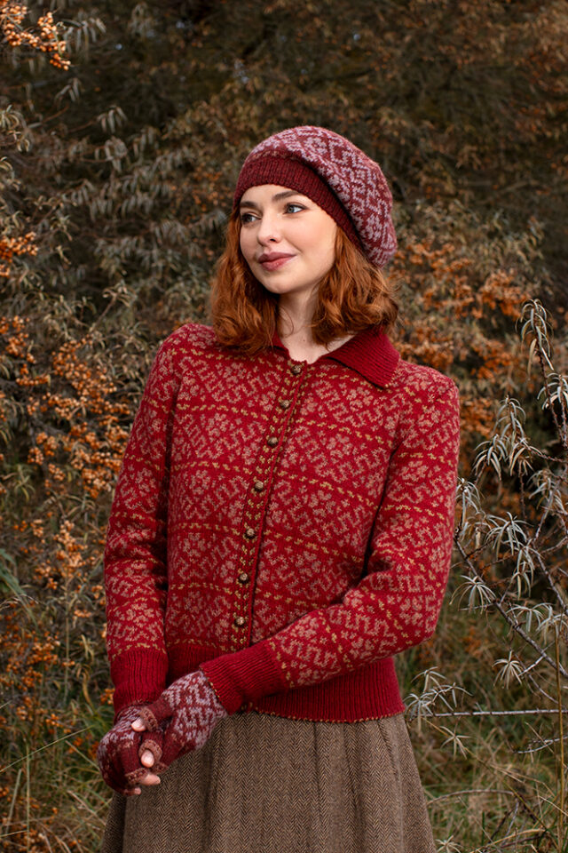 The Cassiopeia Cardgian and Hat Set patterncard kit designs by Alice Starmore in Hebridean 2 Ply