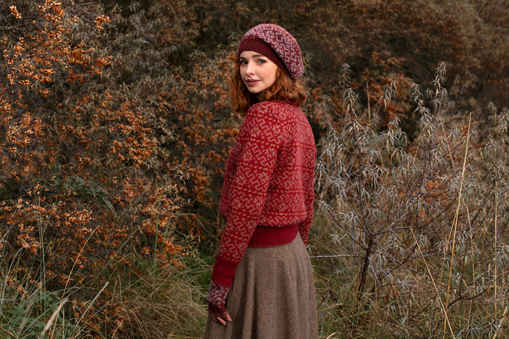 The Cassiopeia Cardgian and Hat Set patterncard kit designs by Alice Starmore in Hebridean 2 Ply