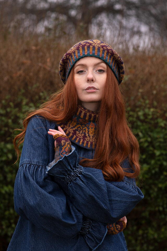 Mary Tudor Hat Set patterncard kit design by Alice Starmore in Hebridean 2 Ply yarn