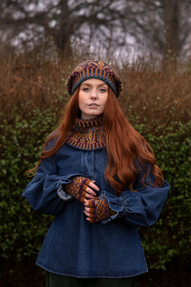 Mary Tudor Hat Set patterncard kit design by Alice Starmore in Hebridean 2 Ply yarn