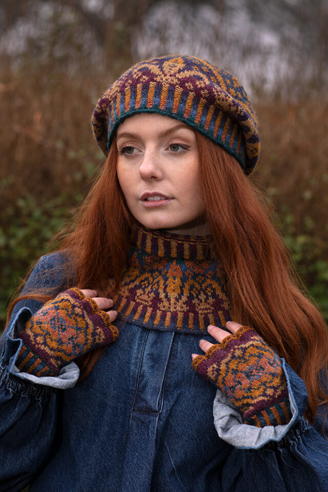 Mary Tudor Hat Set patterncard kit design by Alice Starmore in Hebridean 2 Ply yarn