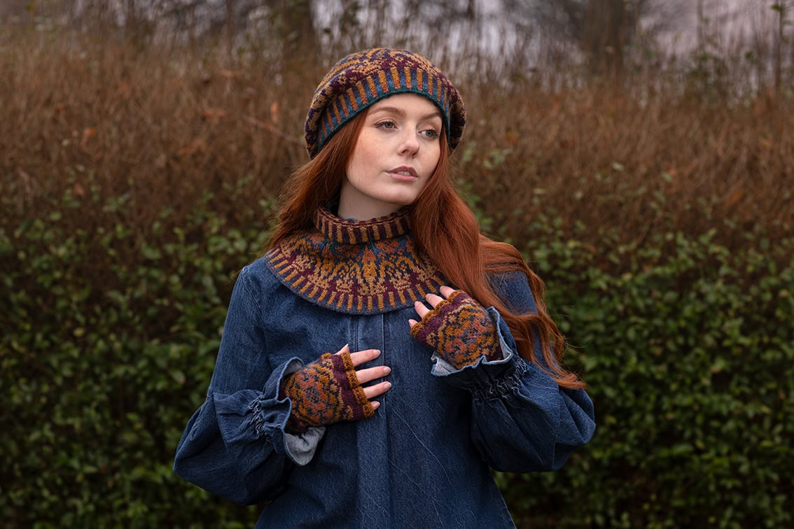 Mary Tudor Hat Set patterncard kit design by Alice Starmore in Hebridean 2 Ply yarn