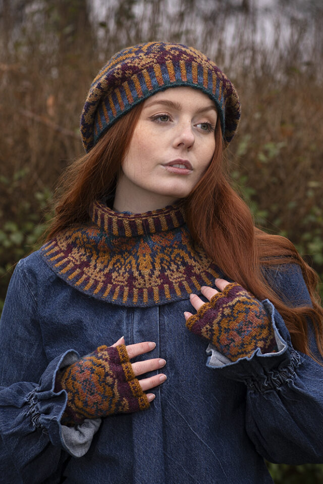 Mary Tudor Hat Set patterncard kit design by Alice Starmore in Hebridean 2 Ply yarn