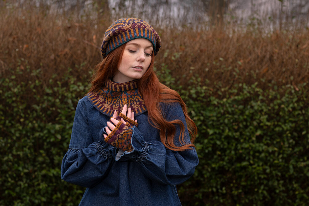 Mary Tudor Hat Set patterncard kit design by Alice Starmore in Hebridean 2 Ply yarn