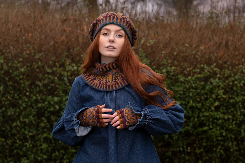Mary Tudor Hat Set patterncard kit design by Alice Starmore in Hebridean 2 Ply yarn