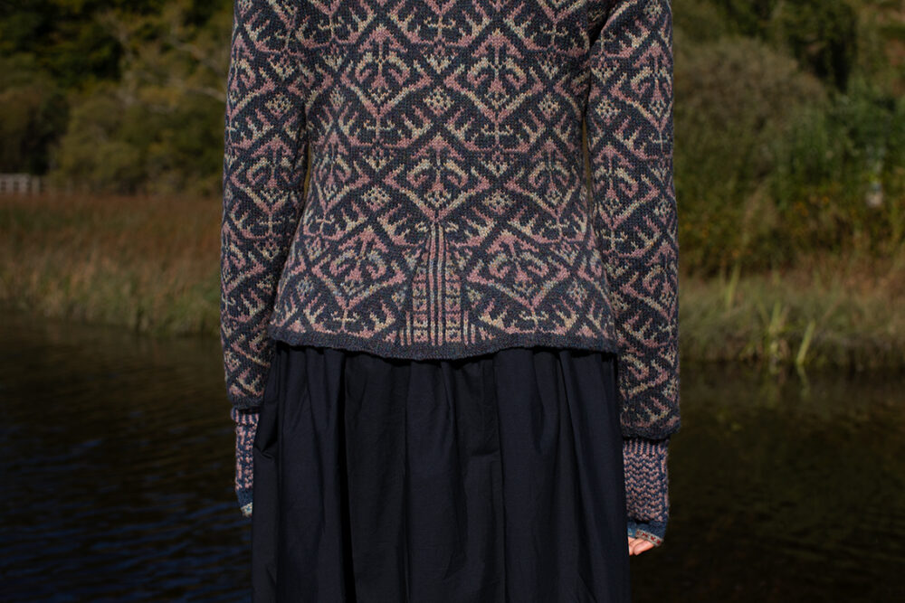 Elizabethan Jacket design by Jade Starmore from the book A Collector's Item and the Hirta Hat Set patterncard kit by Alice Starmore, both in Hebridean 2 Ply