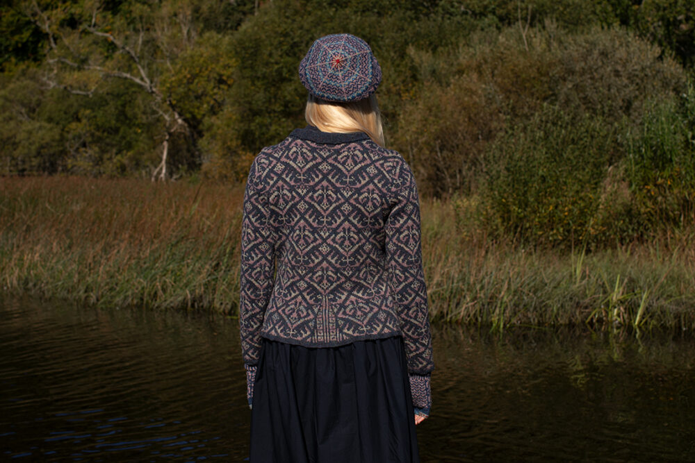 Elizabethan Jacket design by Jade Starmore from the book A Collector's Item and the Hirta Hat Set patterncard kit by Alice Starmore, both in Hebridean 2 Ply