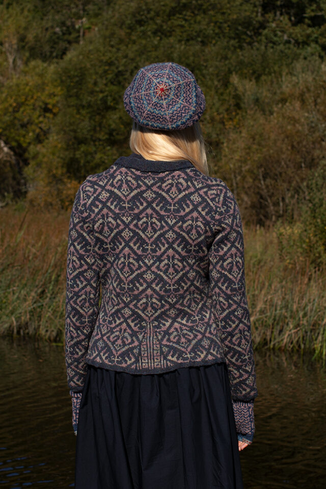 Elizabethan Jacket design by Jade Starmore from the book A Collector's Item and the Hirta Hat Set patterncard kit by Alice Starmore, both in Hebridean 2 Ply