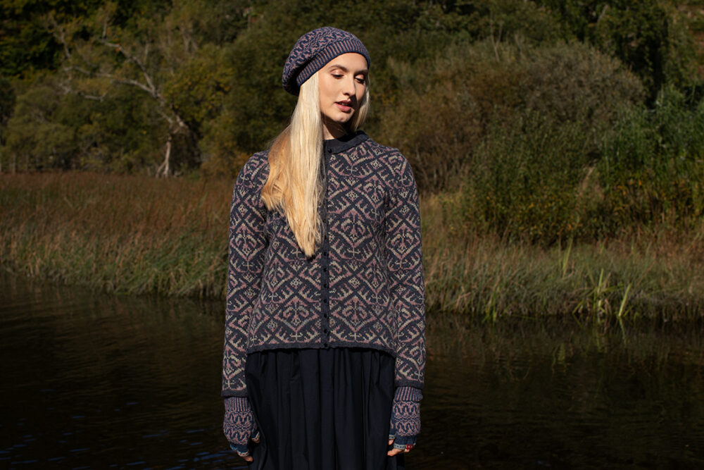 Elizabethan Jacket design by Jade Starmore from the book A Collector's Item and the Hirta Hat Set patterncard kit by Alice Starmore, both in Hebridean 2 Ply