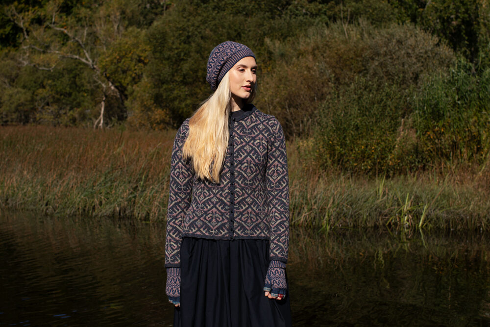 Elizabethan Jacket design by Jade Starmore from the book A Collector's Item and the Hirta Hat Set patterncard kit by Alice Starmore, both in Hebridean 2 Ply